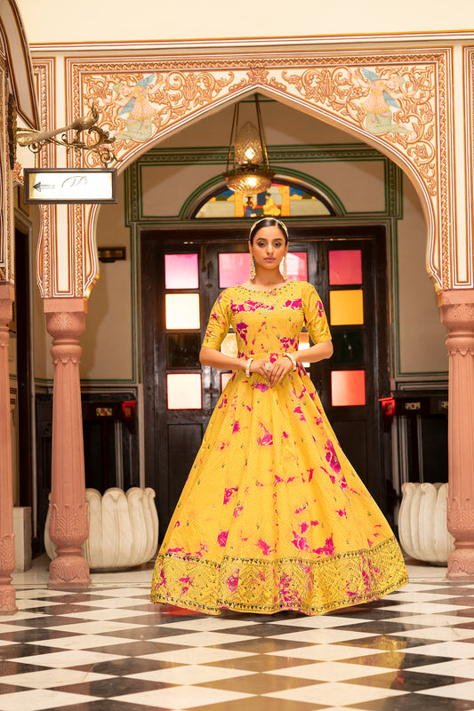 Yellow tie-dye Bollywood gown with sequence Embroidered Anarkali Gown