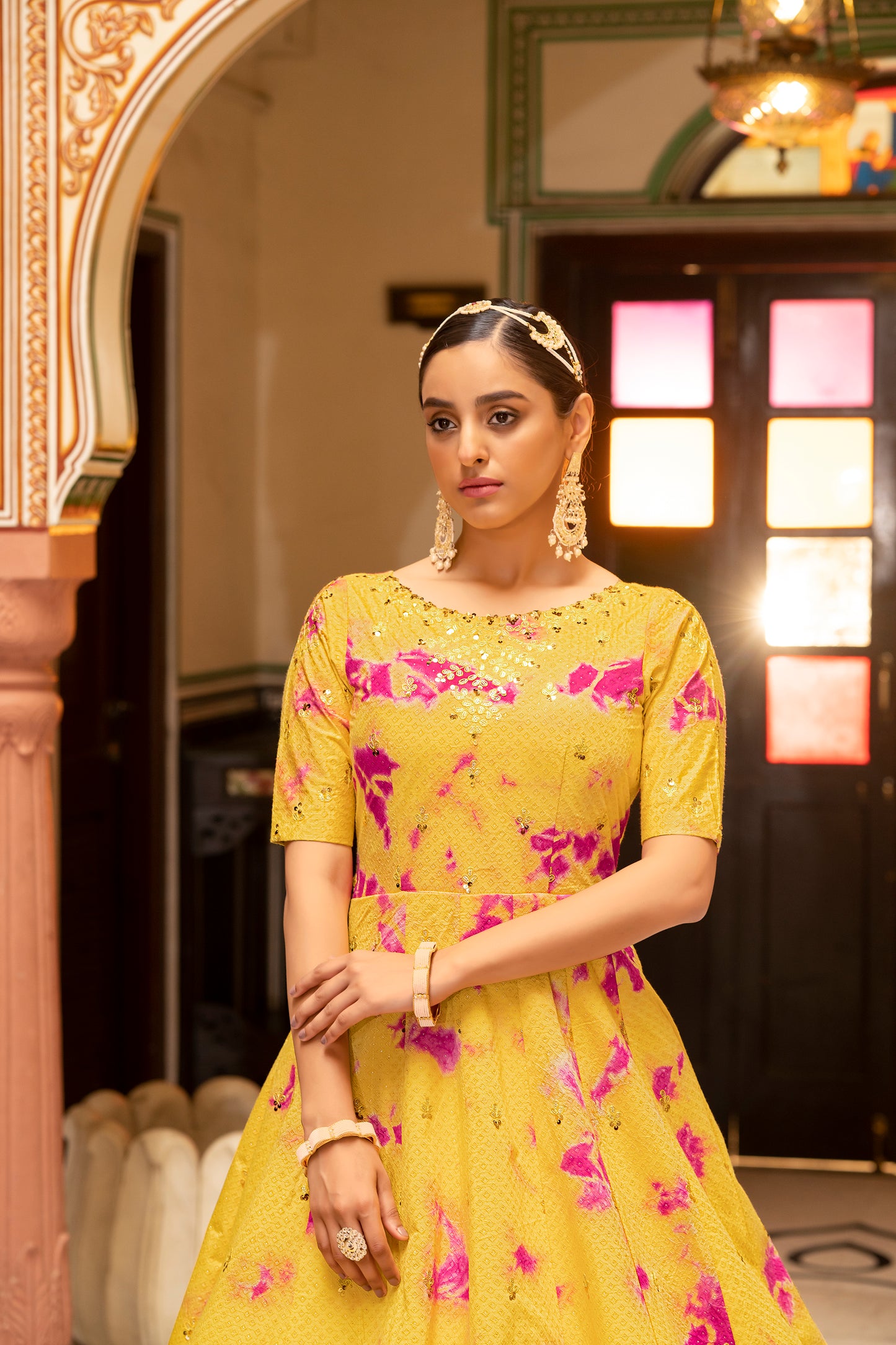 Yellow tie-dye Bollywood gown with sequence Embroidered Anarkali Gown