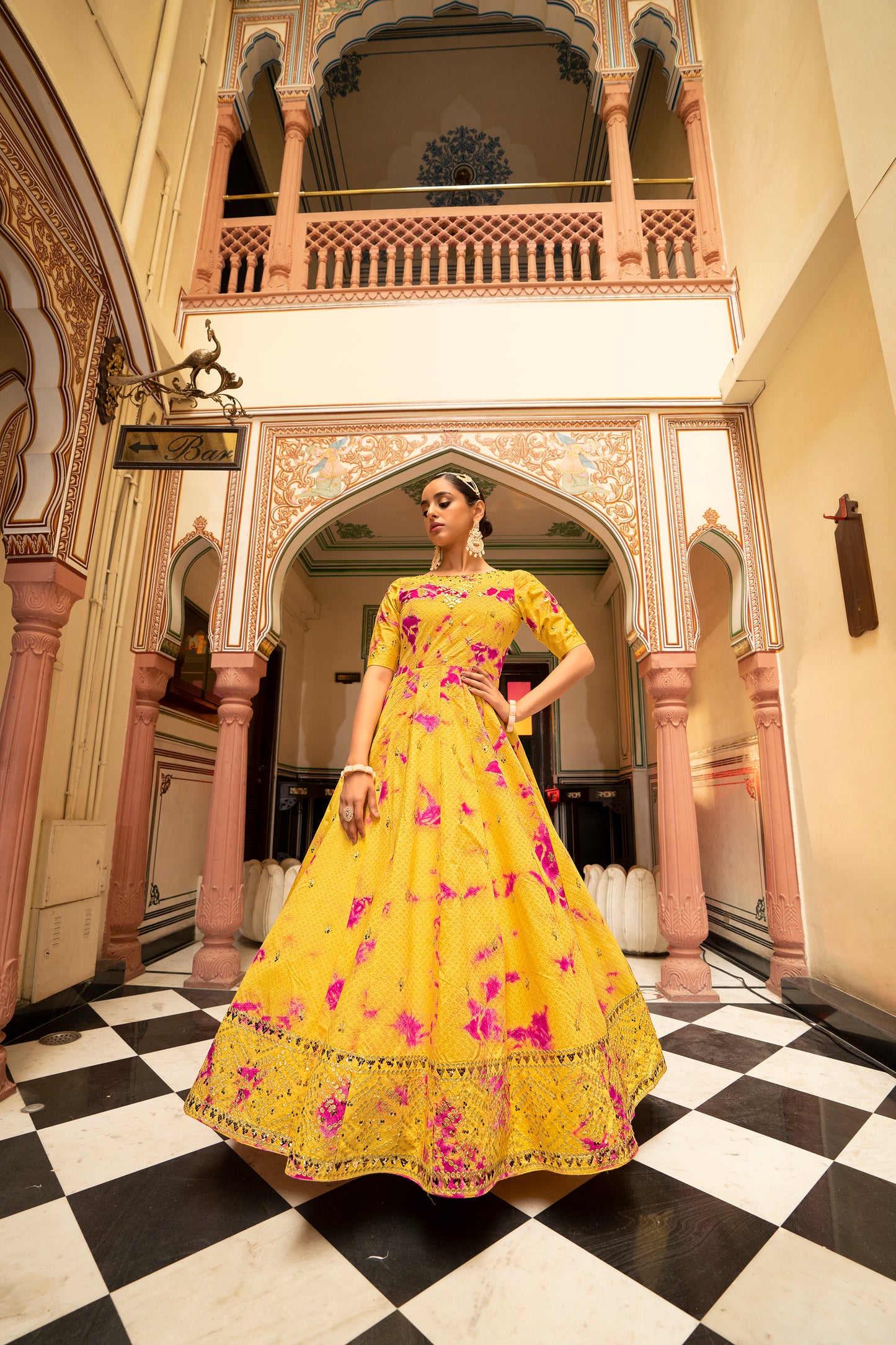 Yellow tie-dye Bollywood gown with sequence Embroidered Anarkali Gown