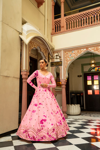 Pink Cotton Shibori Print With Sequince Embroidered Anarkali Gown