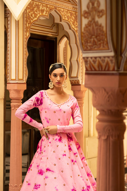 Pink Cotton Shibori Print With Sequince Embroidered Anarkali Gown