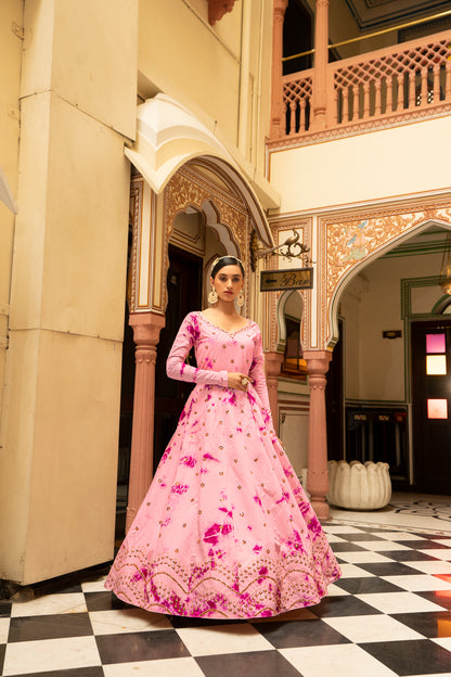 Pink Cotton Shibori Print With Sequince Embroidered Anarkali Gown