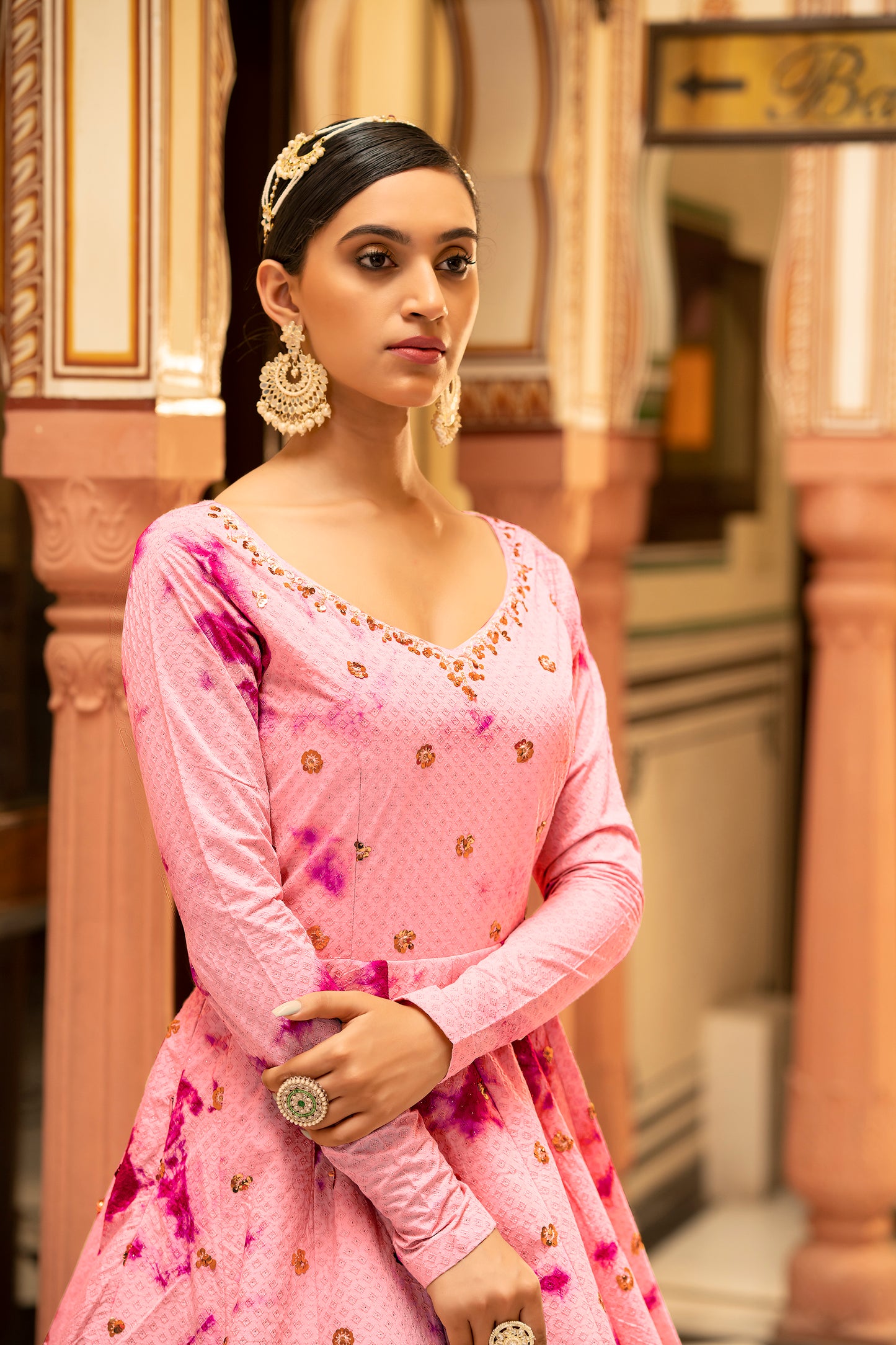 Pink Cotton Shibori Print With Sequince Embroidered Anarkali Gown