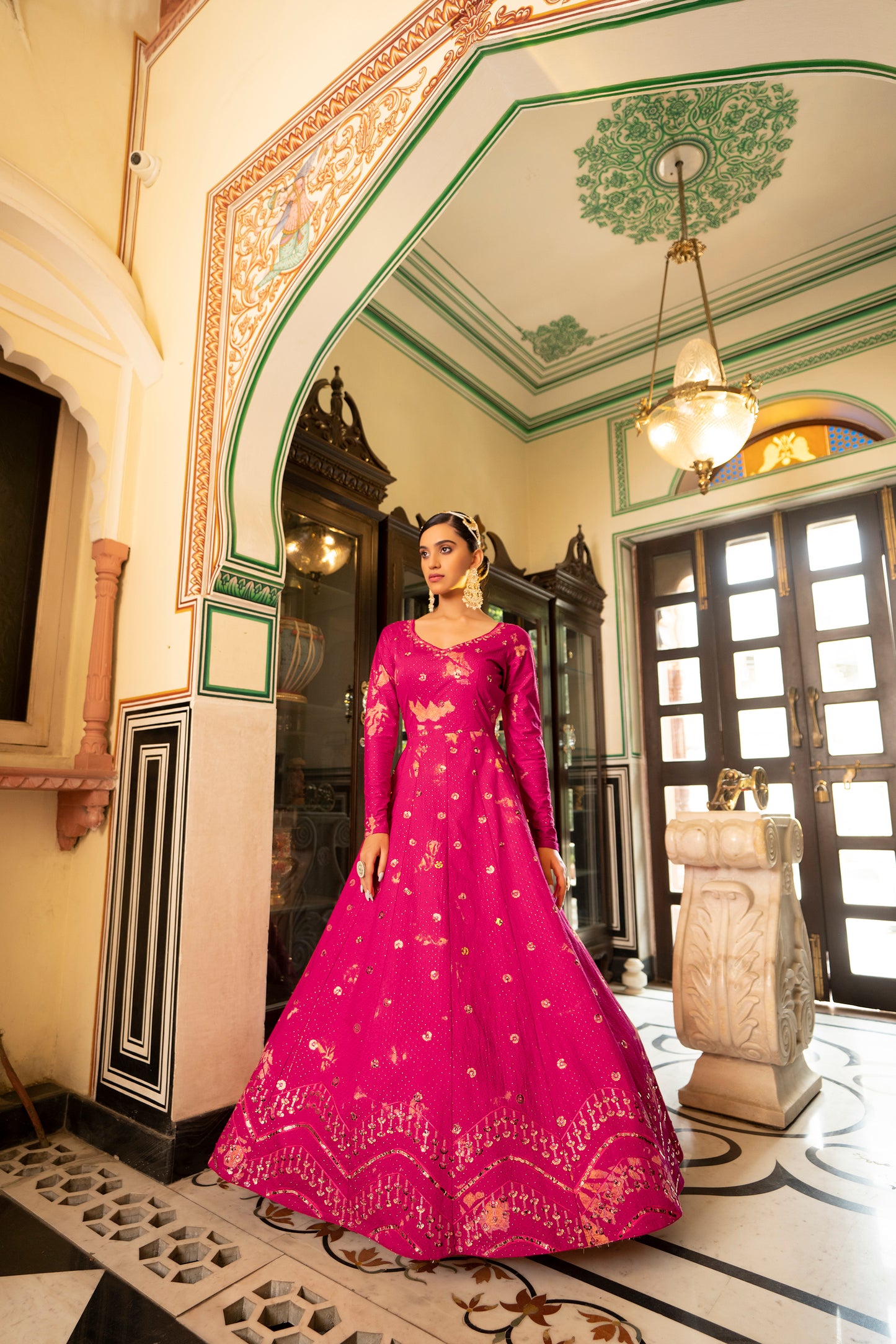 Pink Cotton Shibori Print With Sequince Embroidered Anarkali Gown