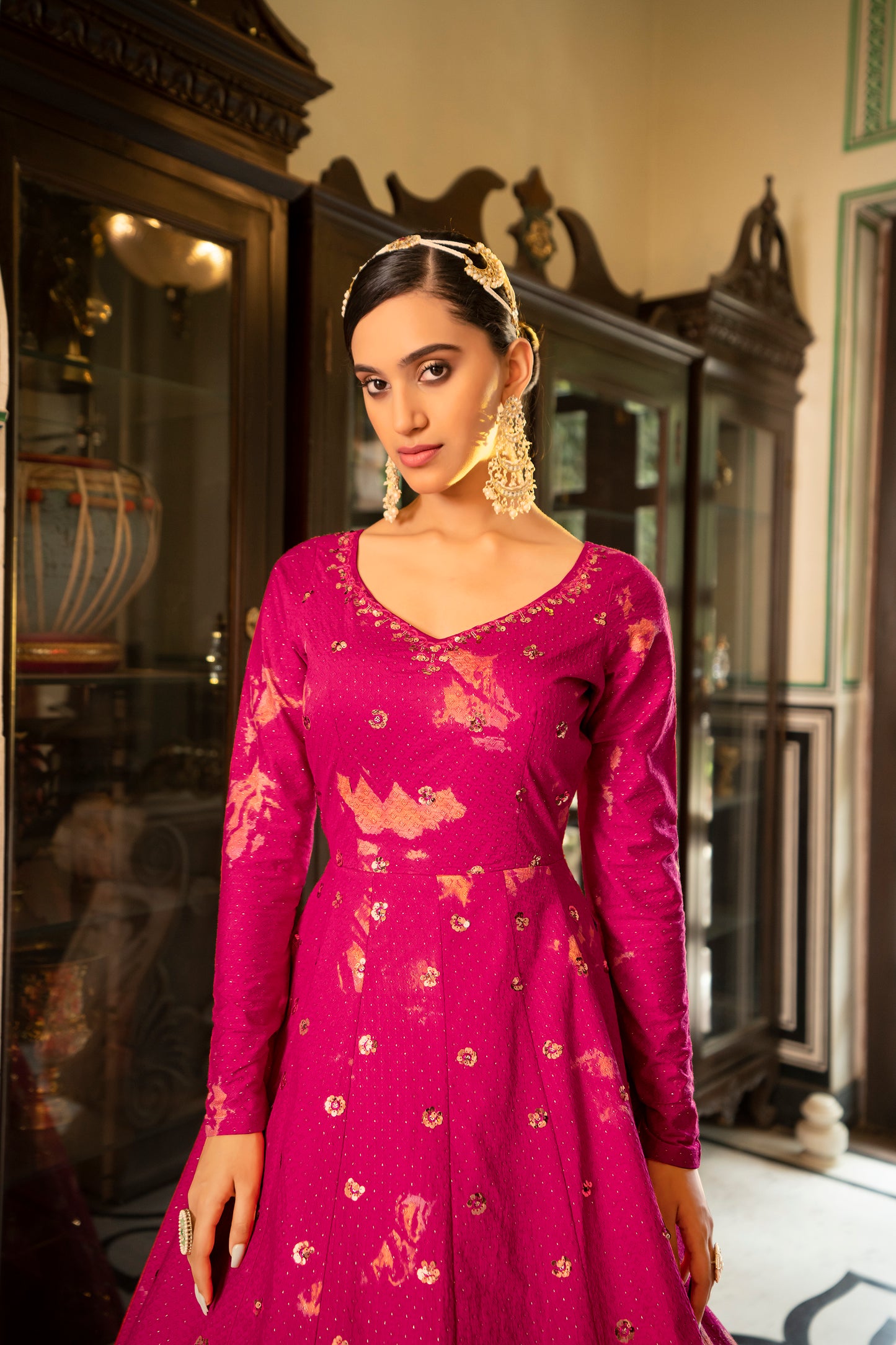 Pink Cotton Shibori Print With Sequince Embroidered Anarkali Gown