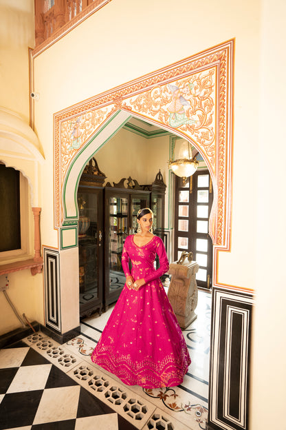 Pink Cotton Shibori Print With Sequince Embroidered Anarkali Gown