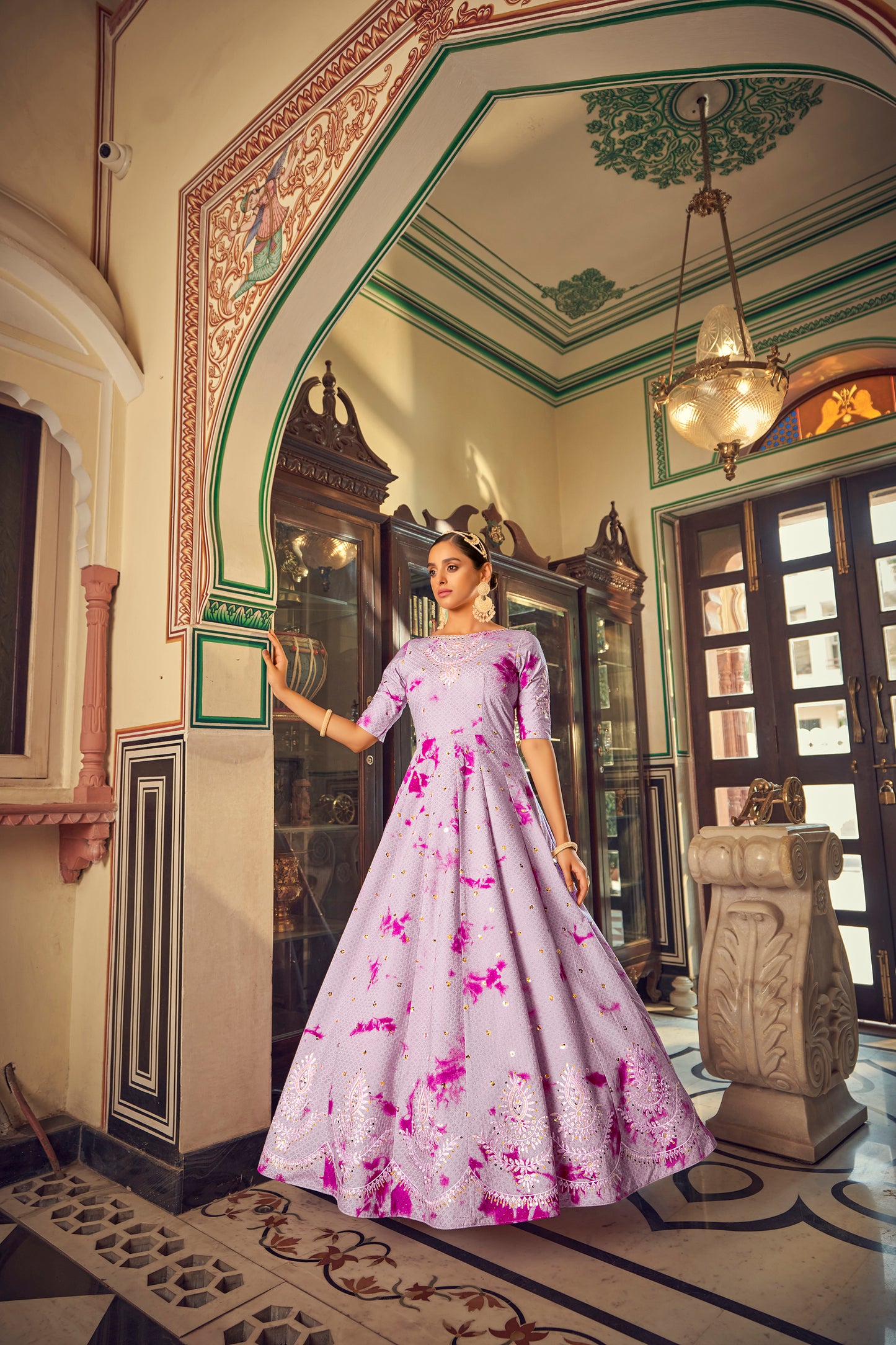 Lavender tie-dye gown with sequence Embroidered Anarkali Gown