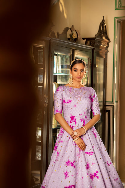 Lavender tie-dye gown with sequence Embroidered Anarkali Gown