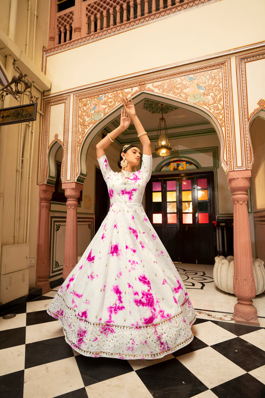 White Cotton  Sequince Embroidered Anarkali Gown