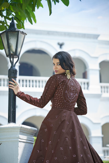 Elevate your festive look with the Deep Maroon Sequence Embroidered Anarkali Gown