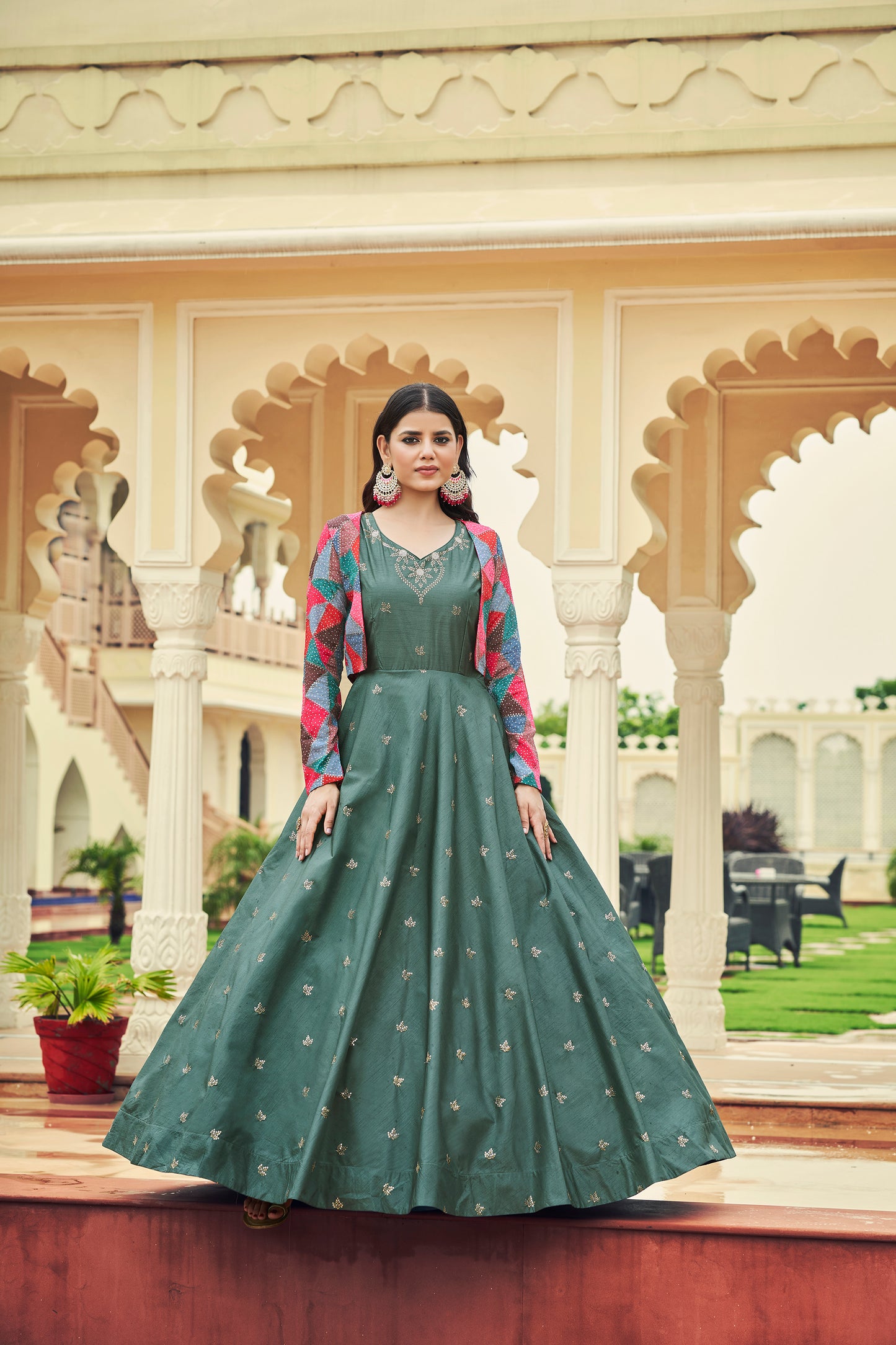 Dusty Green Anarkali Gown with Jacket features sequin and resham embroidery