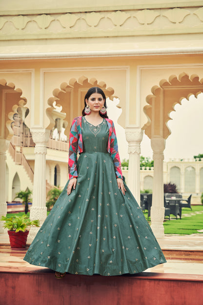 Dusty Green Anarkali Gown with Jacket features sequin and resham embroidery