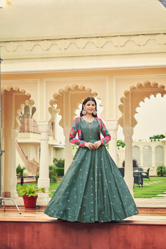 Dusty Green Anarkali Gown with Jacket features sequin and resham embroidery