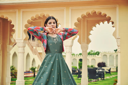 Dusty Green Anarkali Gown with Jacket features sequin and resham embroidery