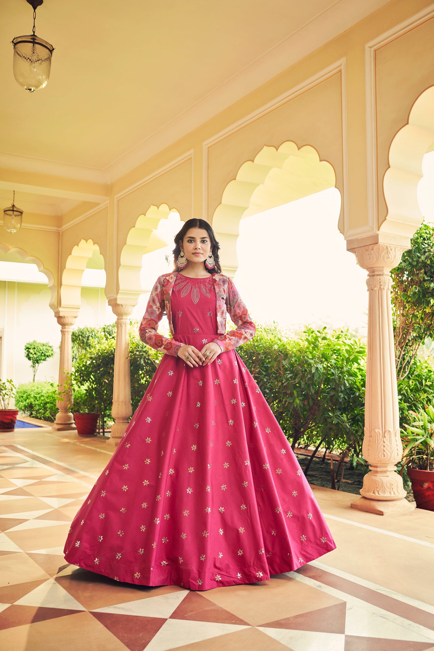 Rani Anarkali Gown with Jacket features sequin and resham embroidery