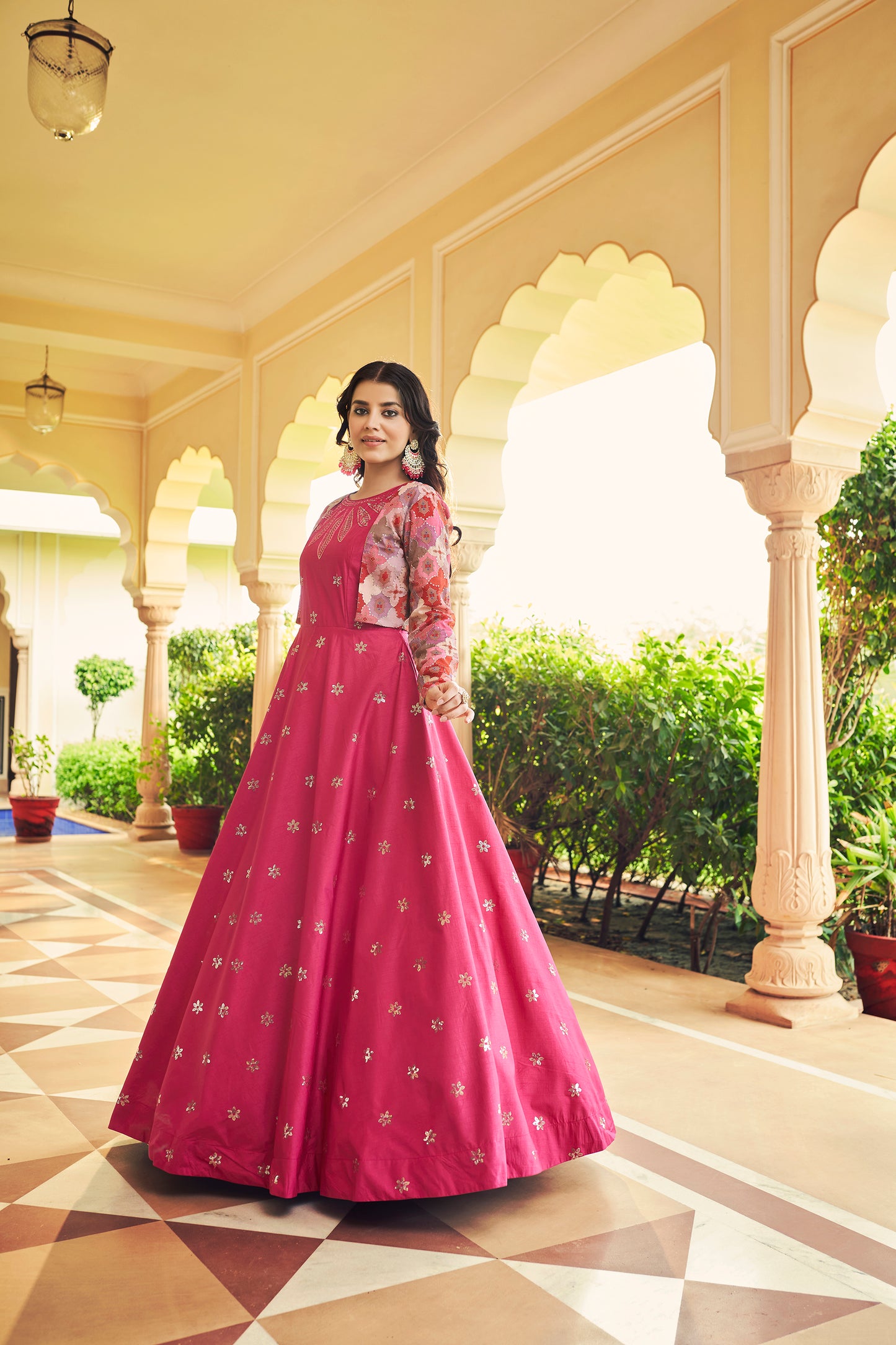 Rani Anarkali Gown with Jacket features sequin and resham embroidery