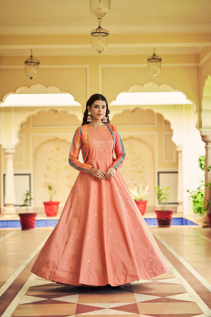 Peach Anarkali Gown with Jacket features sequin and resham embroidery