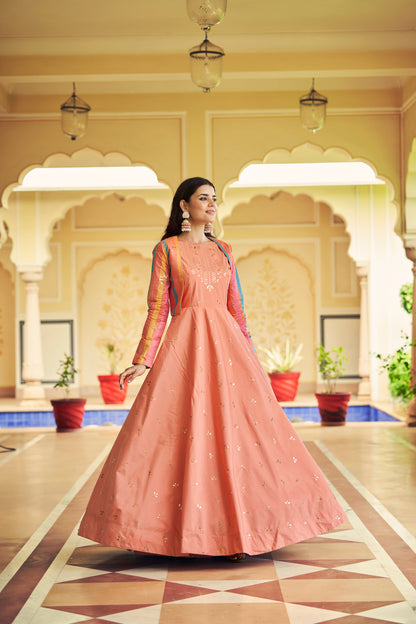 Peach Anarkali Gown with Jacket features sequin and resham embroidery