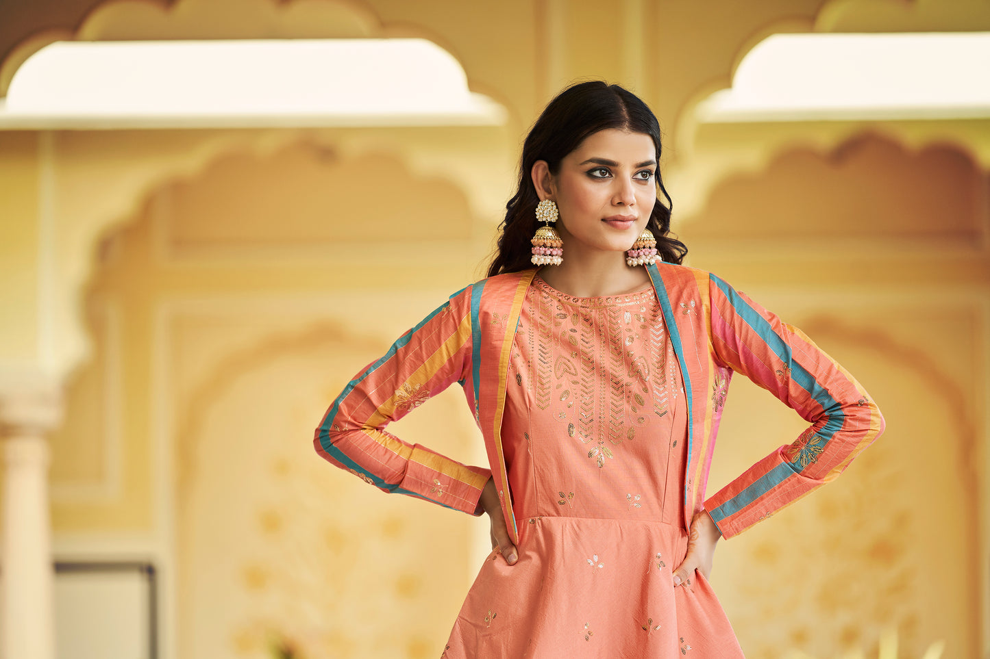 Peach Anarkali Gown with Jacket features sequin and resham embroidery