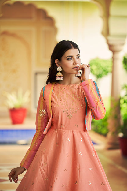 Peach Anarkali Gown with Jacket features sequin and resham embroidery