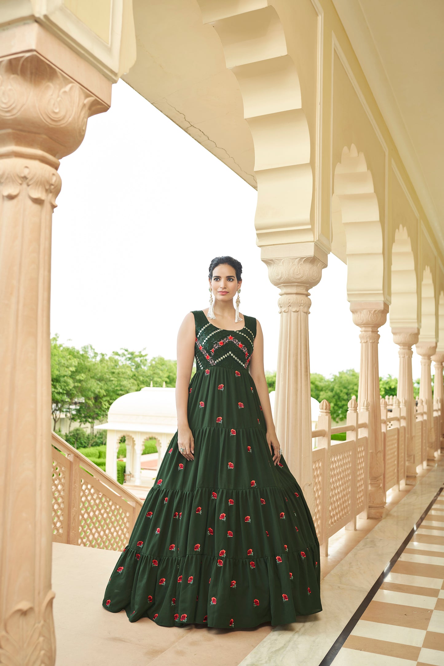 Olive Green Georgette Thread And Sequince Embroidered Anarkali Gown