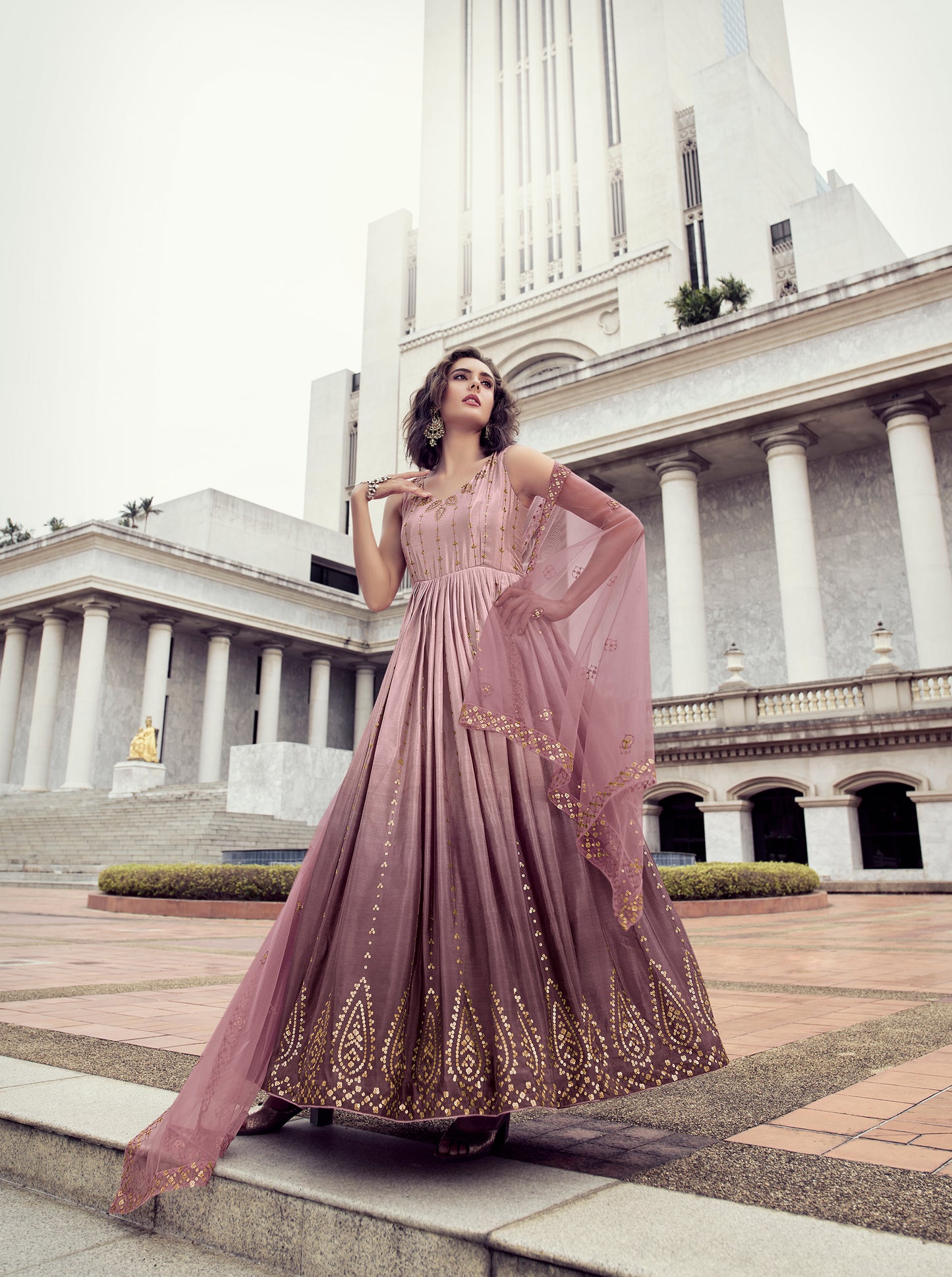 Pink to Dusty Multi-Color Chinon Anarkali Gown features thread and sequin embroidery