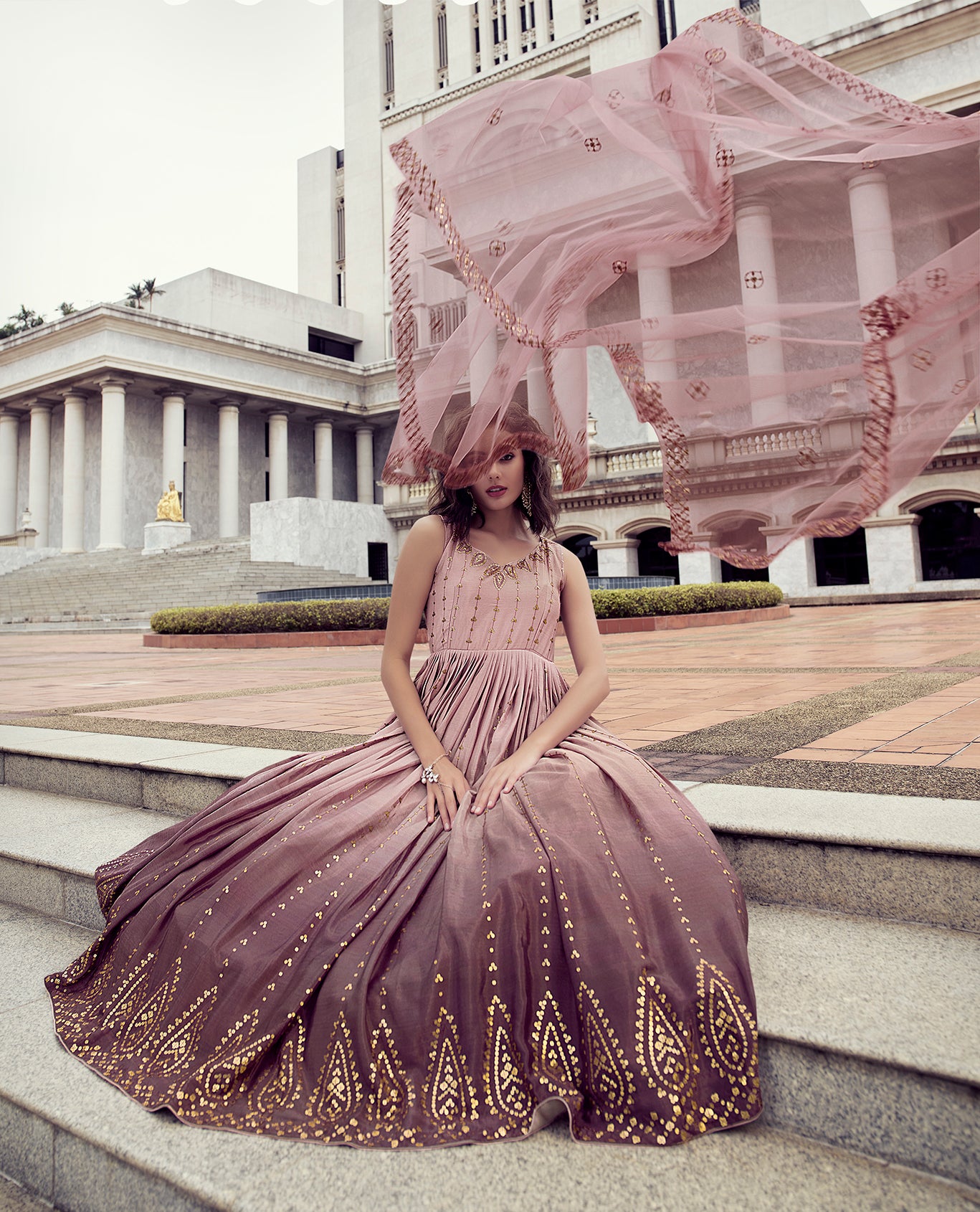 Pink to Dusty Multi-Color Chinon Anarkali Gown features thread and sequin embroidery