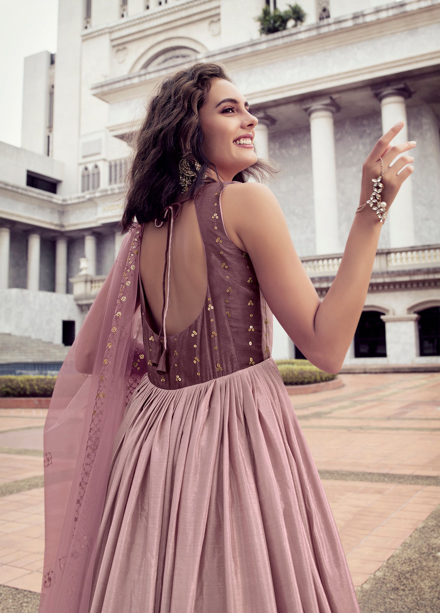 Pink to Dusty Multi-Color Chinon Anarkali Gown features thread and sequin embroidery