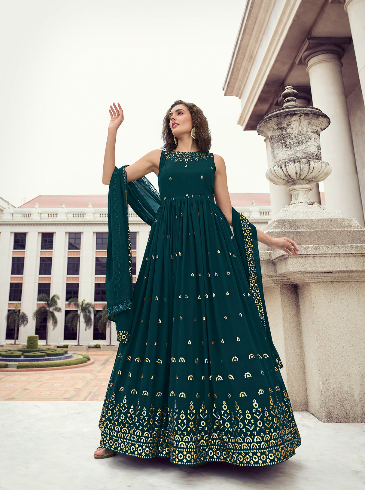 Green Georgette Thread And Sequence Embroidered Work Gown