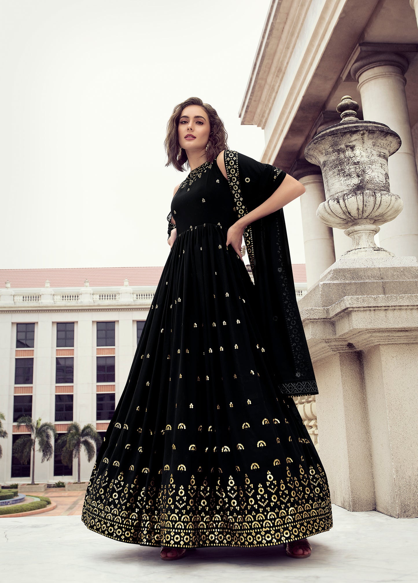 Black georgette gown with thread and sequence embroidery