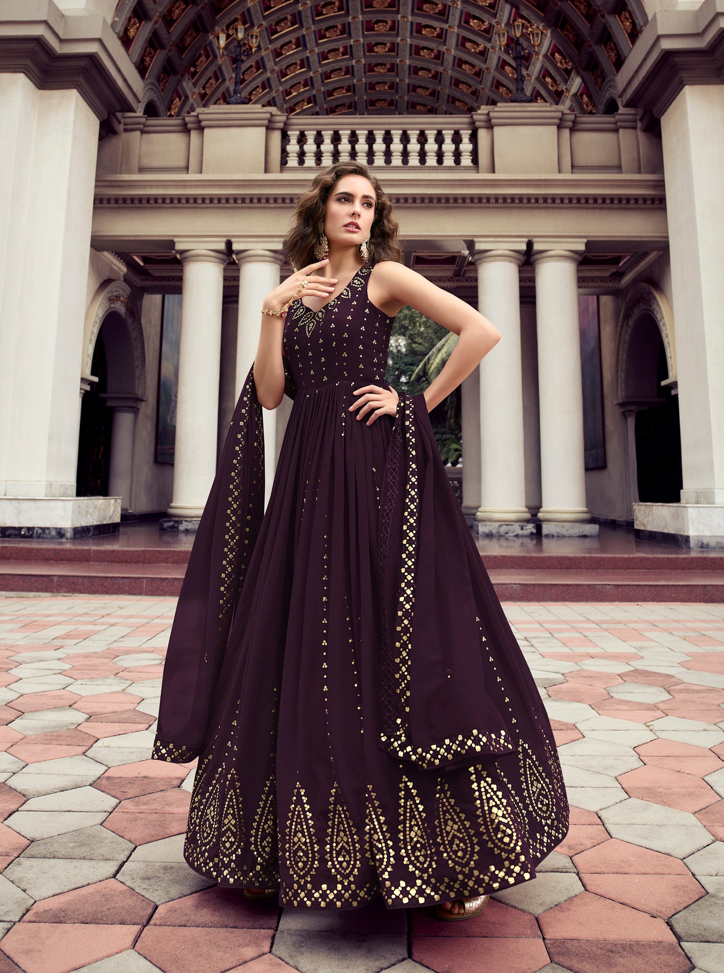 Deep Purple Georgette Thread And Sequence Embroidered Work Gown