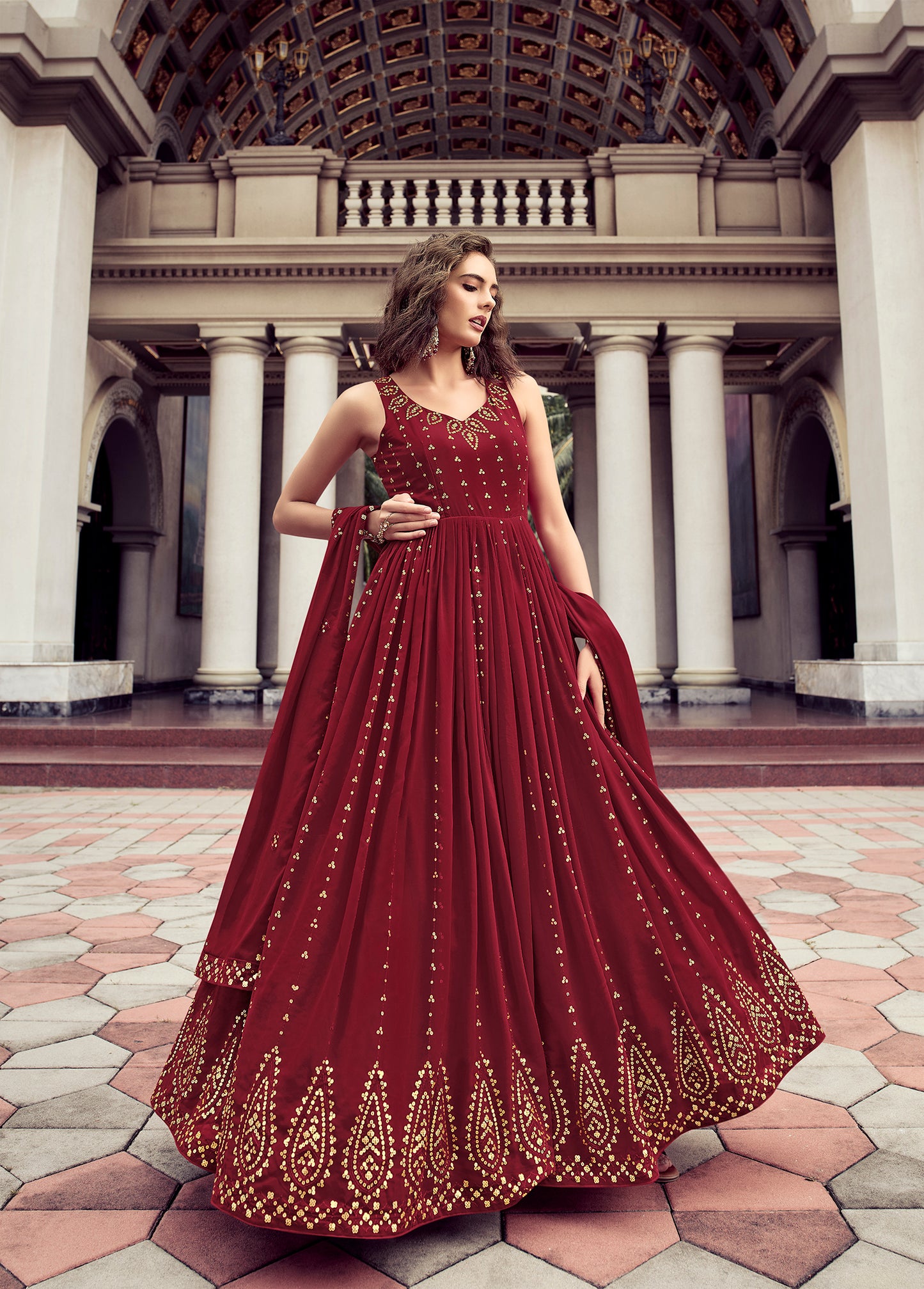 Maroon Anarkali gown with intricate sequence embroidery