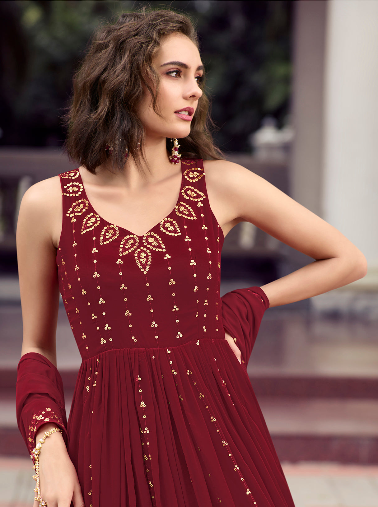 Maroon Anarkali gown with intricate sequence embroidery