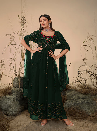 Green Georgette Embroidered Kurta Palazzo Set features detailed embroidery