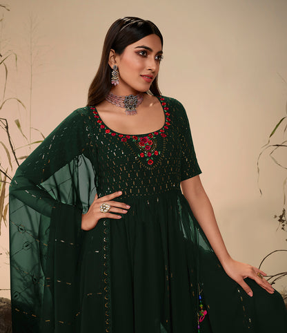 Green Georgette Embroidered Kurta Palazzo Set features detailed embroidery