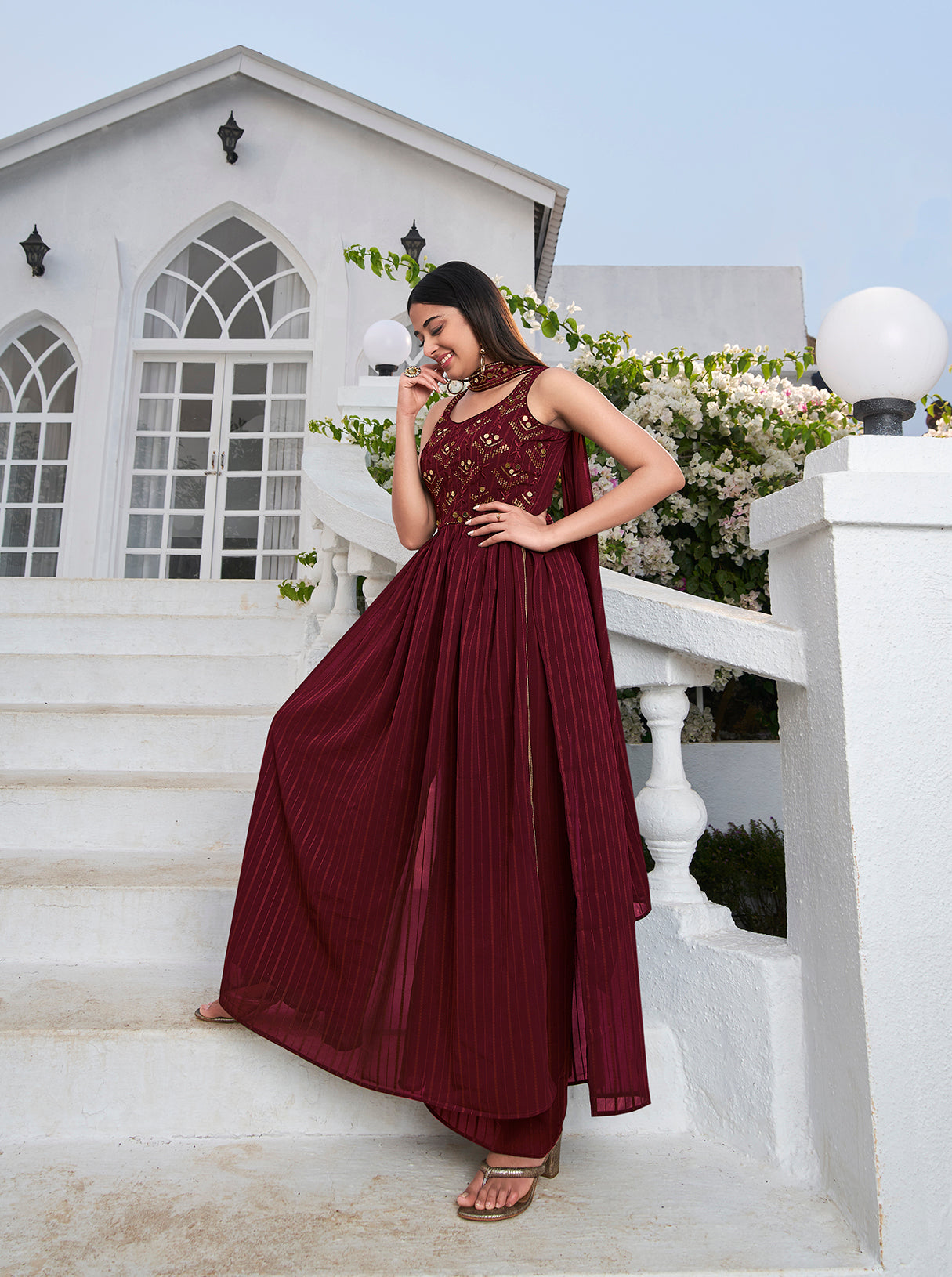 Maroon Zari and Sequence High Slit Anarkali Suit