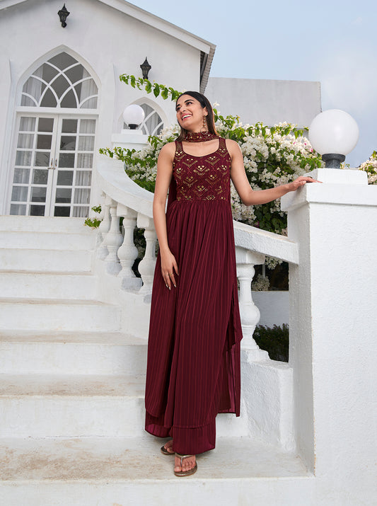 Maroon Zari and Sequence High Slit Anarkali Suit