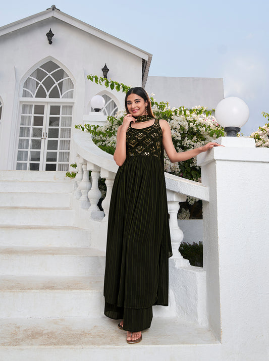 Olive Zari and Sequence High Slit Anarkali Suit