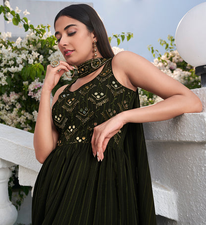 Olive Zari and Sequence High Slit Anarkali Suit