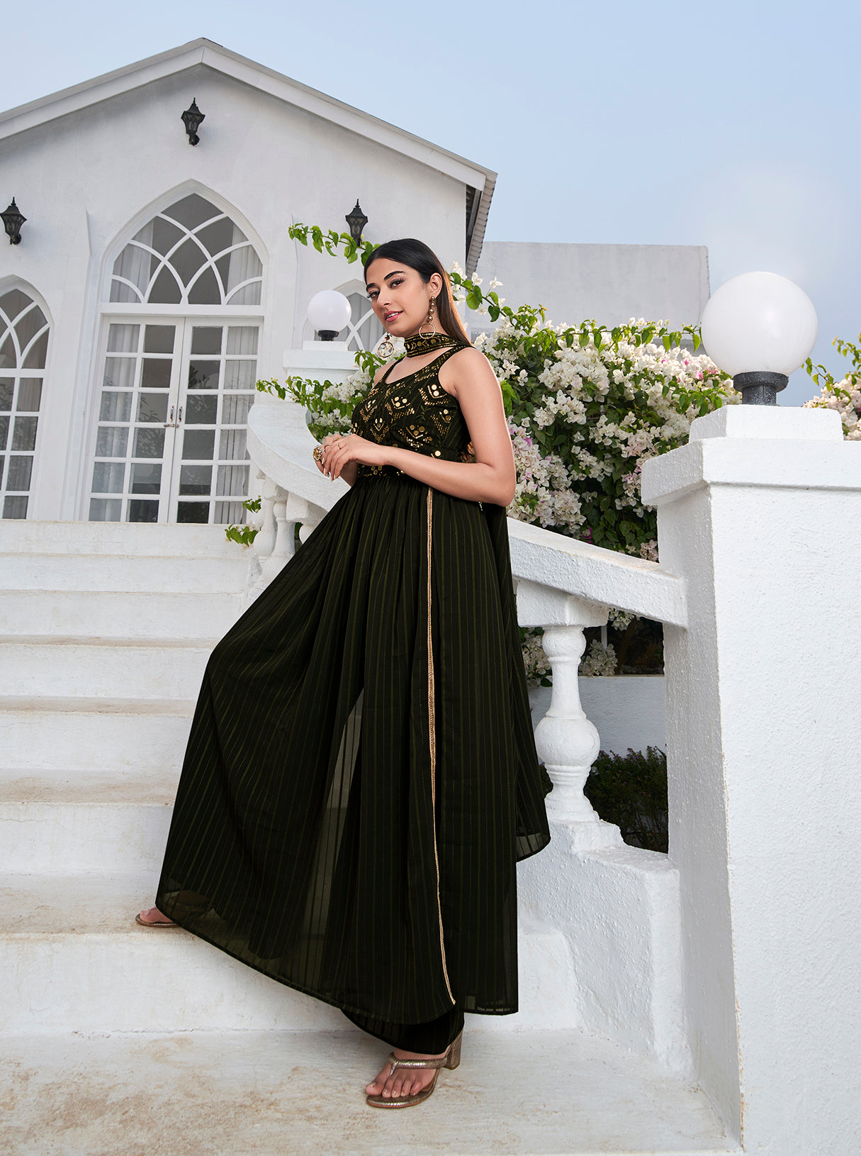 Olive Zari and Sequence High Slit Anarkali Suit