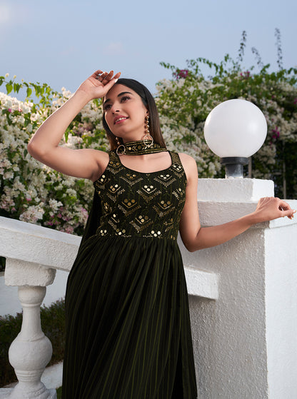 Olive Zari and Sequence High Slit Anarkali Suit