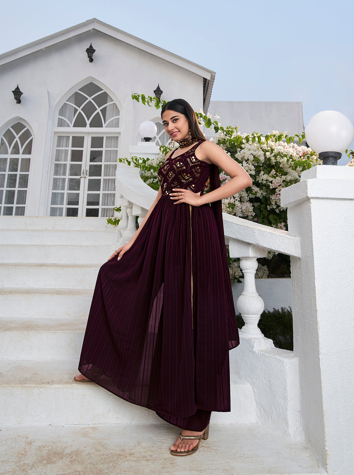 Deep Wine Zari and Sequence High Slit Anarkali Suit