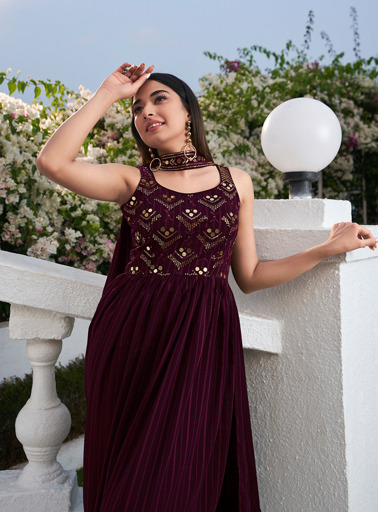 Deep Wine Zari and Sequence High Slit Anarkali Suit