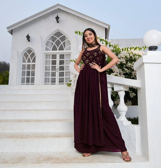 Deep Wine Zari and Sequence High Slit Anarkali Suit