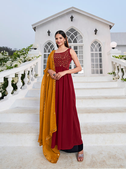 Red Zari and Sequence High Slit Anarkali Suit