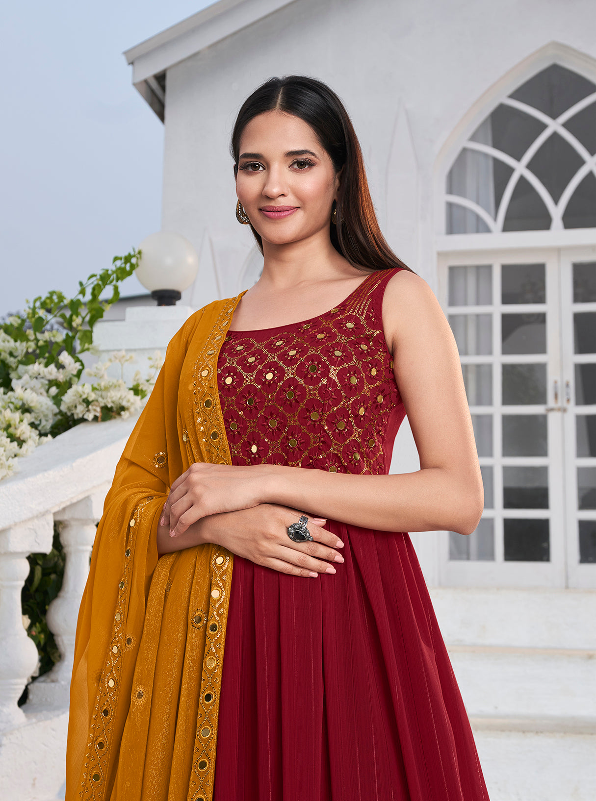 Red Zari and Sequence High Slit Anarkali Suit