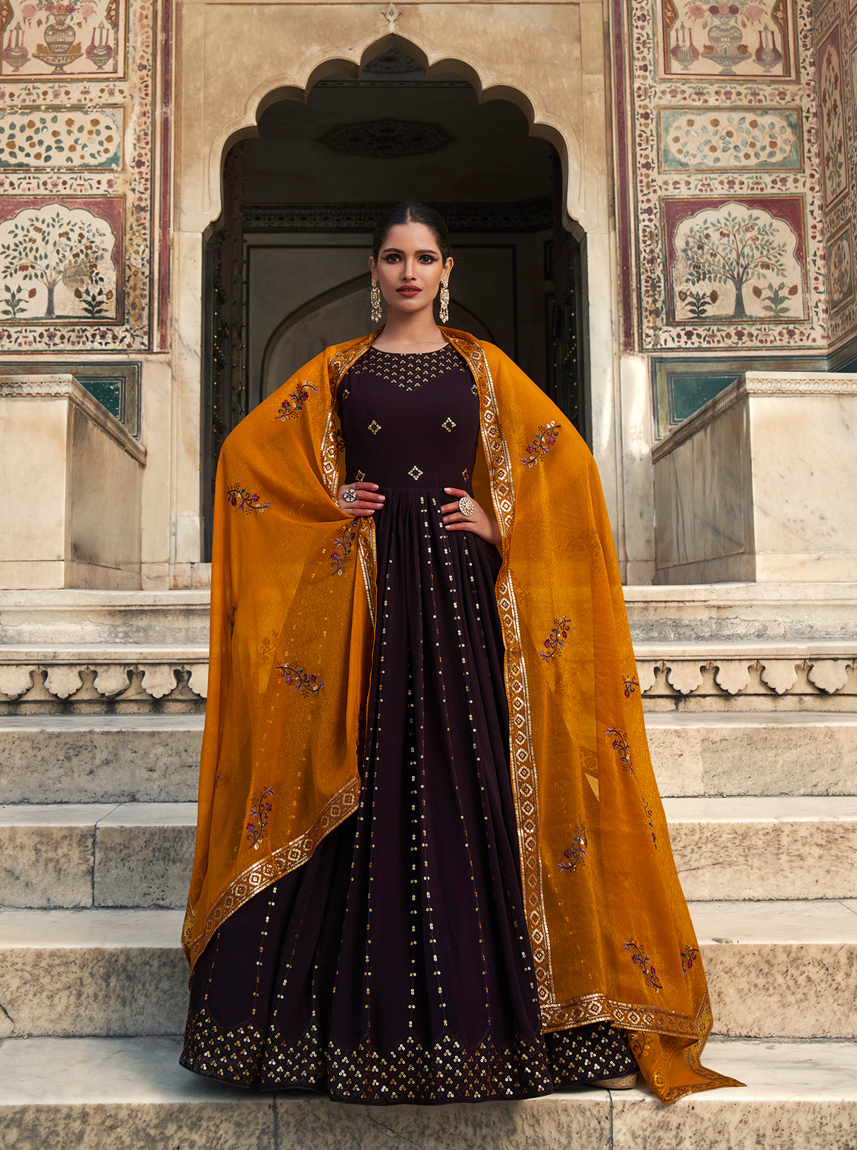 Purple & Yellow Georgette Embroidered Gown features thread and sequins