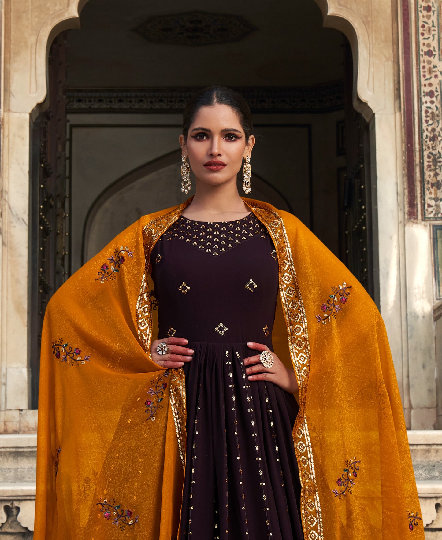 Purple & Yellow Georgette Embroidered Gown features thread and sequins