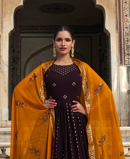 Purple & Yellow Georgette Embroidered Gown features thread and sequins