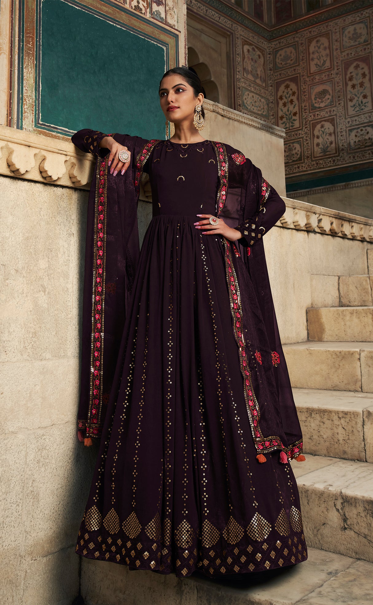 Purple Georgette Embroidered Gown features thread and sequins